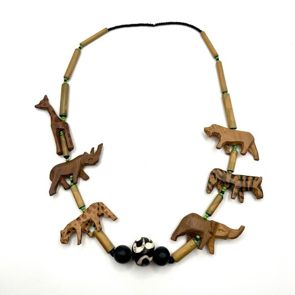 Vintage Hand-Carved Wooden Safari Animal Necklace Tribal Folk Art Statement - Picture 1 of 6